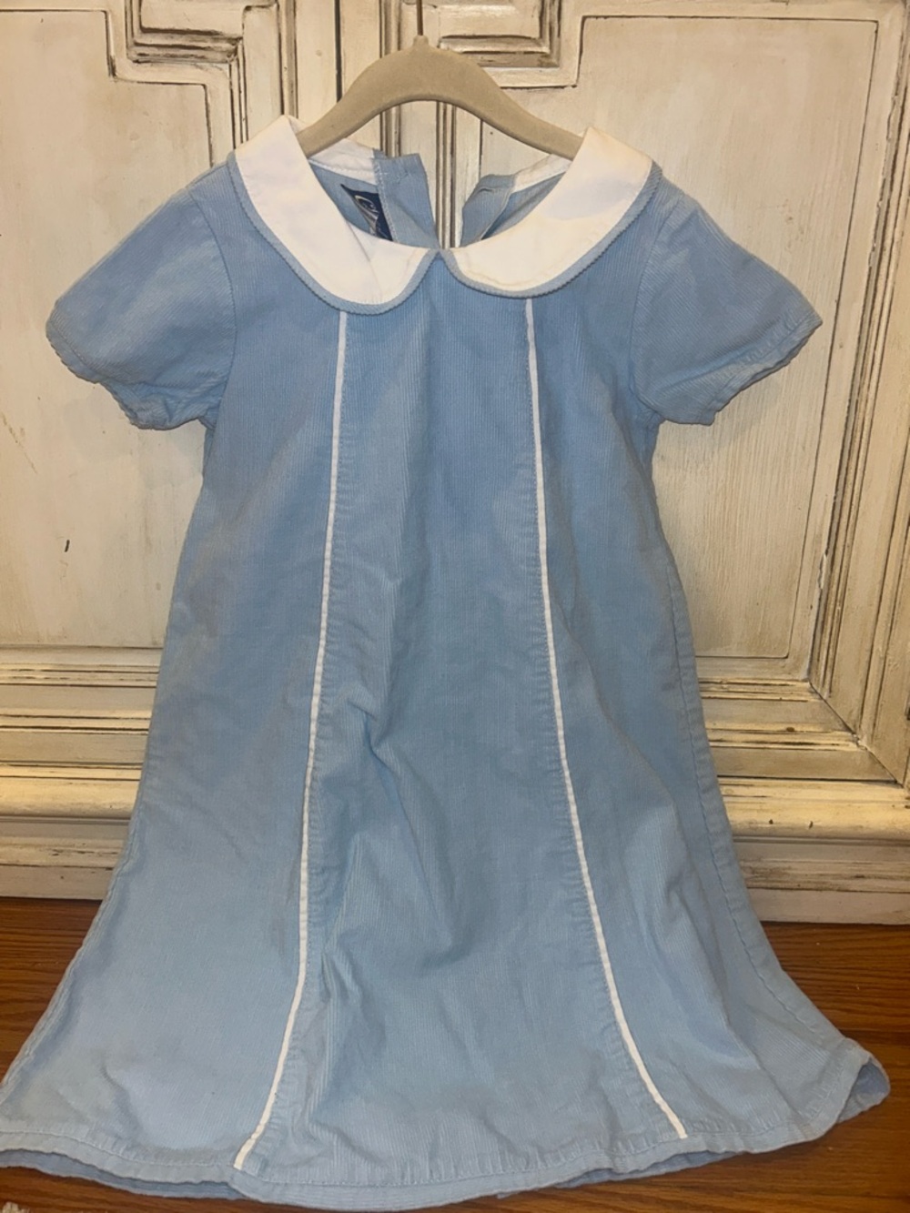 Light Blue Girls Peter Pan Collar Dress with White Trim